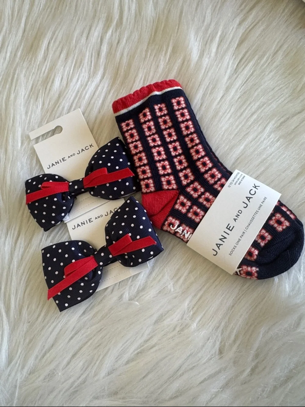 Janie & Jack Navy Red White Patterned Socks with 2 Navy Polka-Dot Bow Hair Clips